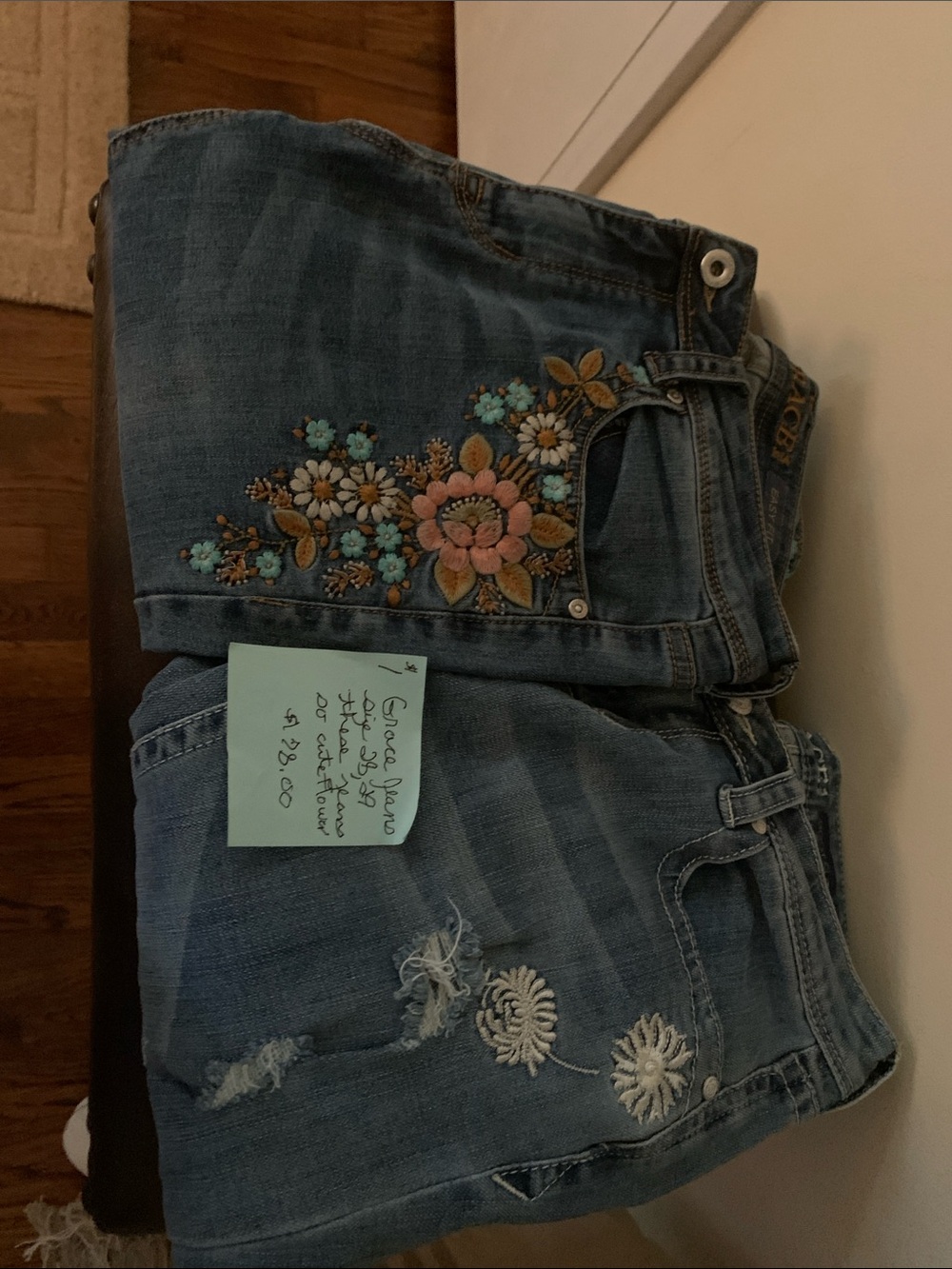 Grace in LA Blue Denim Boyfriend Jeans with Pink & Teal Floral Embroidery